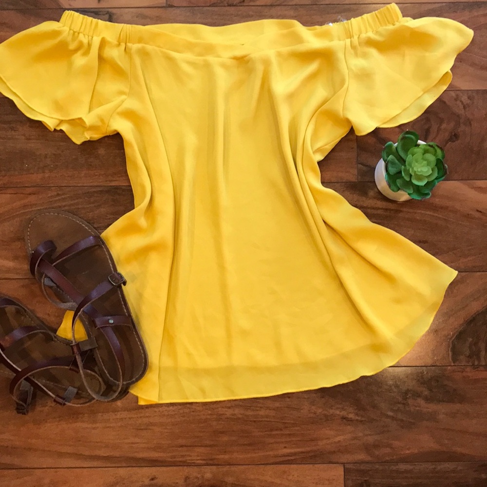 STYLE BIZ yellow sheer off the shoulder top